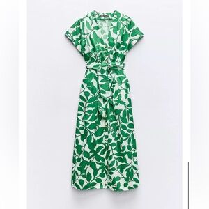 Zara Belted Green Leaf Pattern Midi Dress